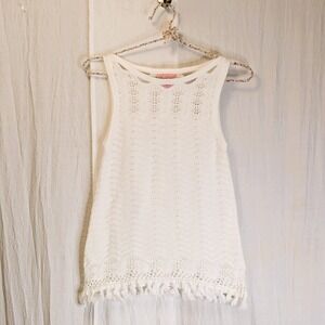 Lilly Pulitzer White Brooklyn Sweater Tank XS Crochet Fringe Boho Cutouts